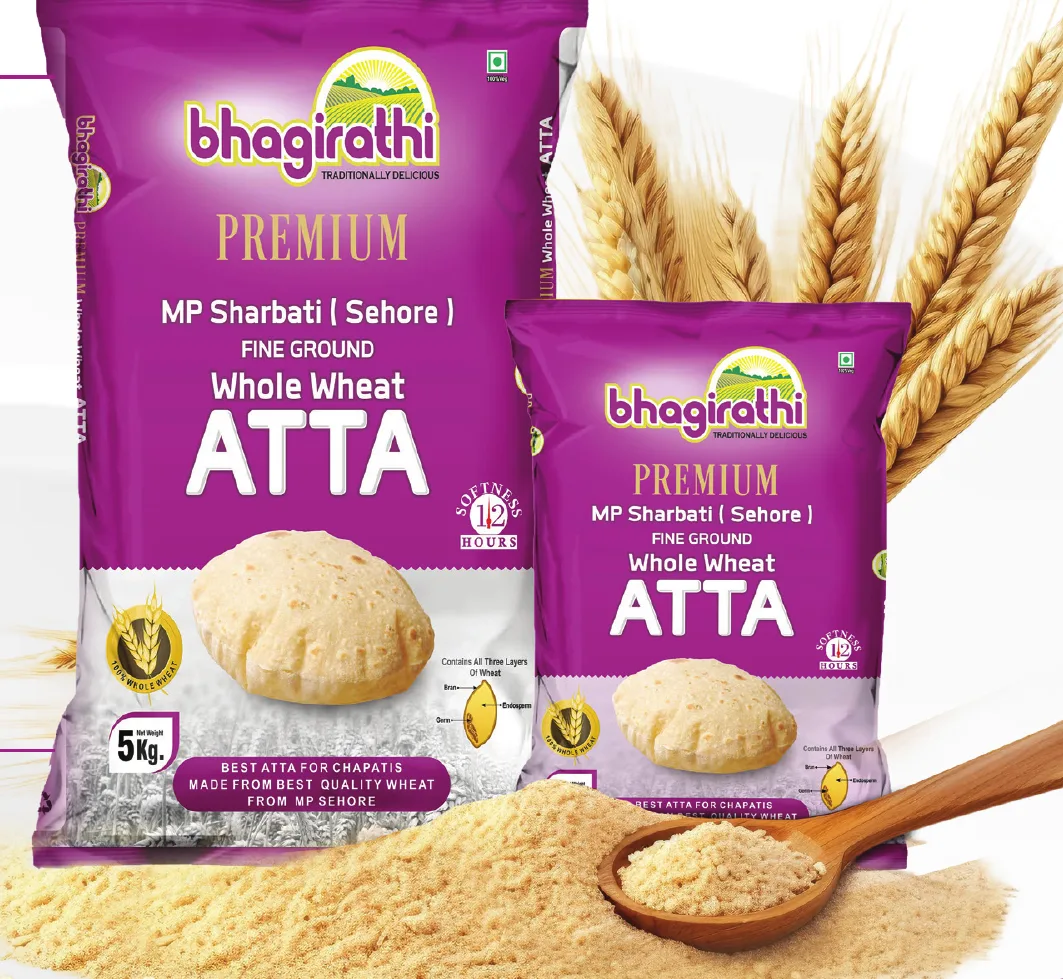 Bhagirathi Premium MP Sharbati whole wheat atta packs with wheat ears
